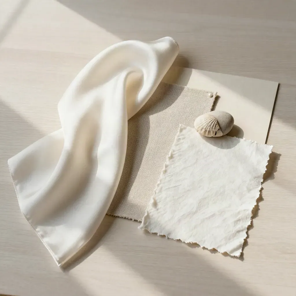 Campioni di lino, seta e carta cotone con conchiglia e pietra su legno chiaro.