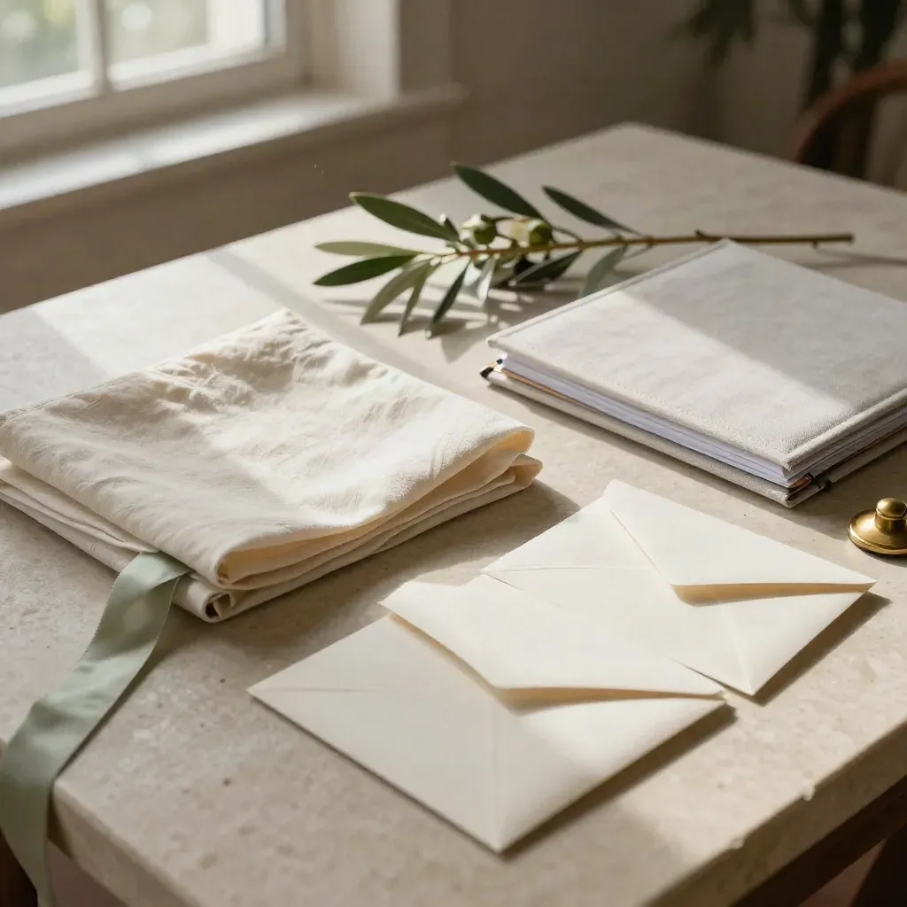 Moodboard nozze su tavolo in pietra con swatch, rami floreali e buste sigillate.