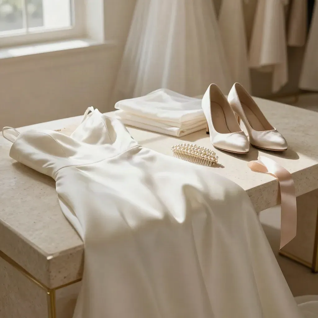Abito da sposa in seta avorio, fermaglio di perle, décolleté satin e velo su chaise chiara.
