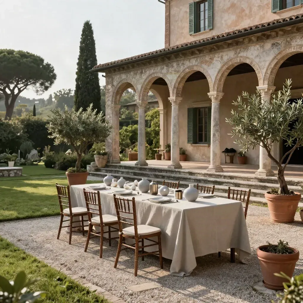 Cortile di villa elegante con sedie sobrie, ulivi e tavoli pronti nella luce estiva.