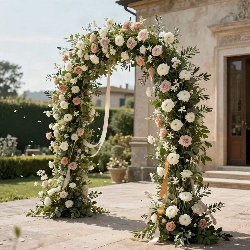 Arco nuziale fiorito in un giardino italiano, con nastri e petali in movimento