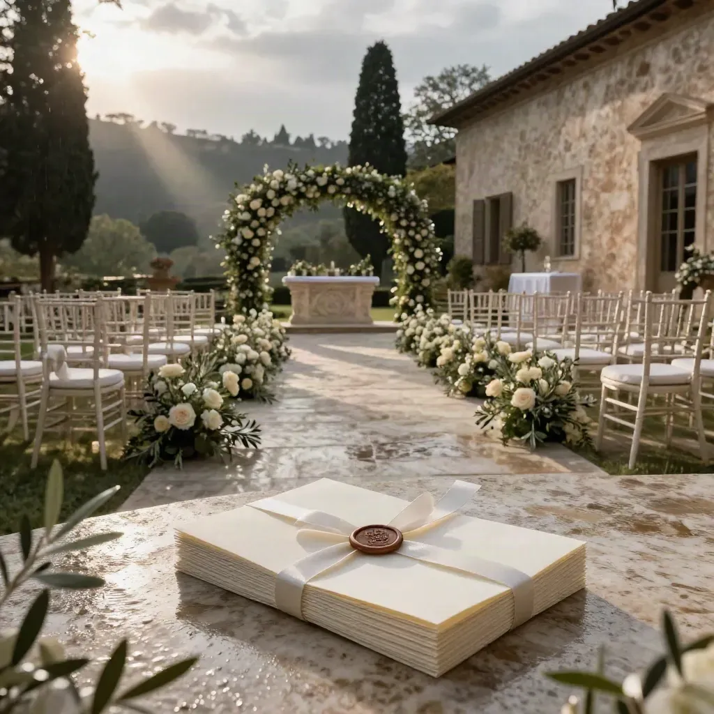 Cortile di villa toscana con sedie avorio, altare in pietra e inviti su travertino bagnato.