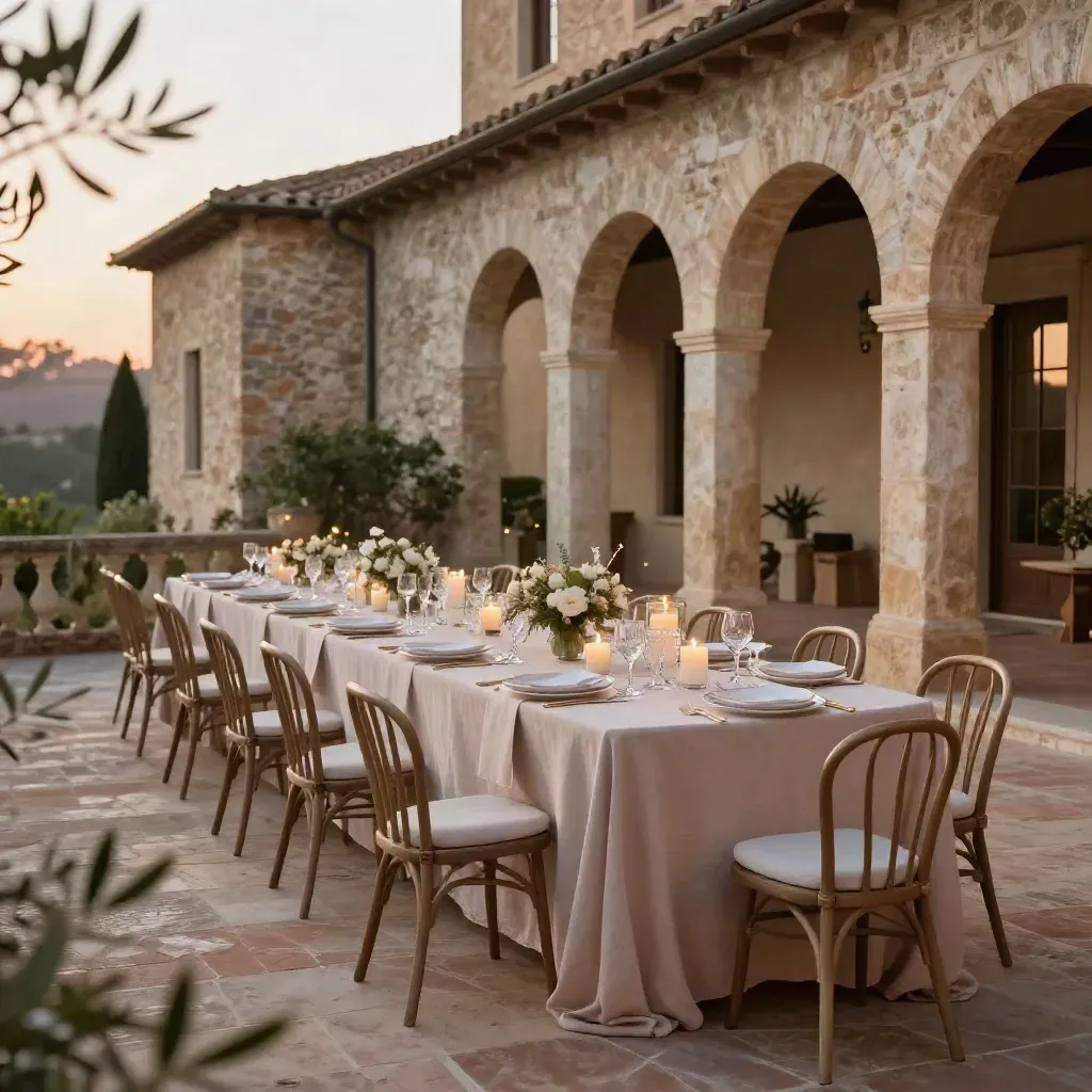 Tavoli di villa toscana con lino cipria, candele e loggia in luce calda.