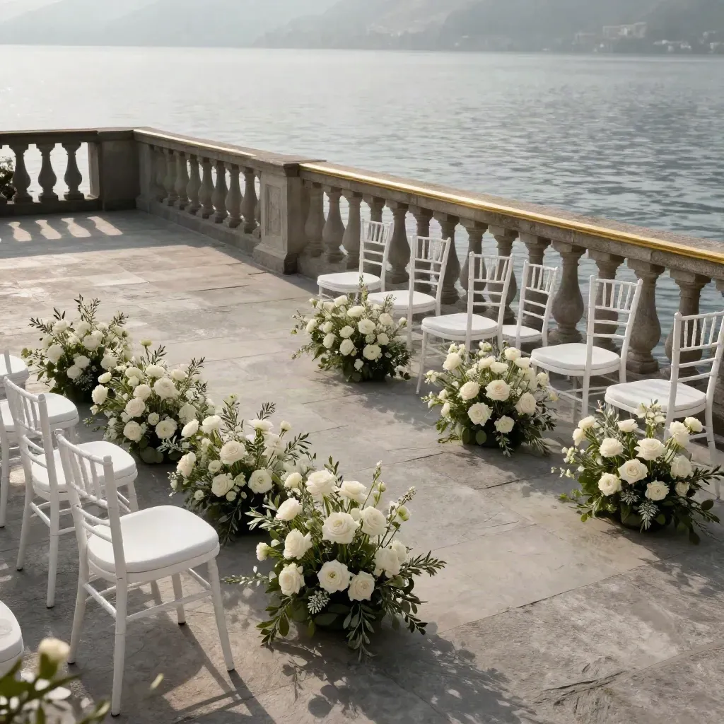 Terrazza sul Lago di Como per cerimonia civile, sedie bianche e fiori ordinati nella foschia