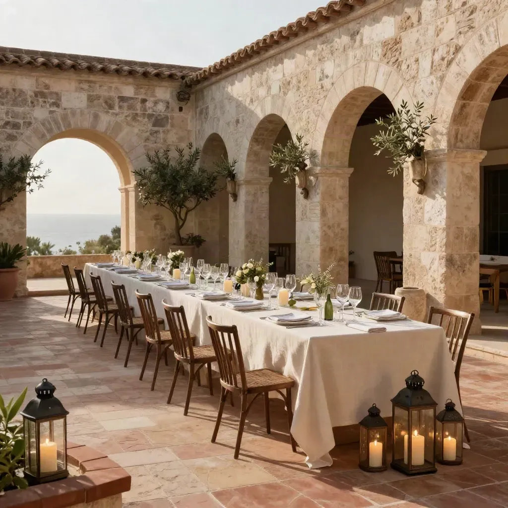Allestimento nuziale in masseria pugliese con tavoli in lino, ulivi e lanterne nel cortile