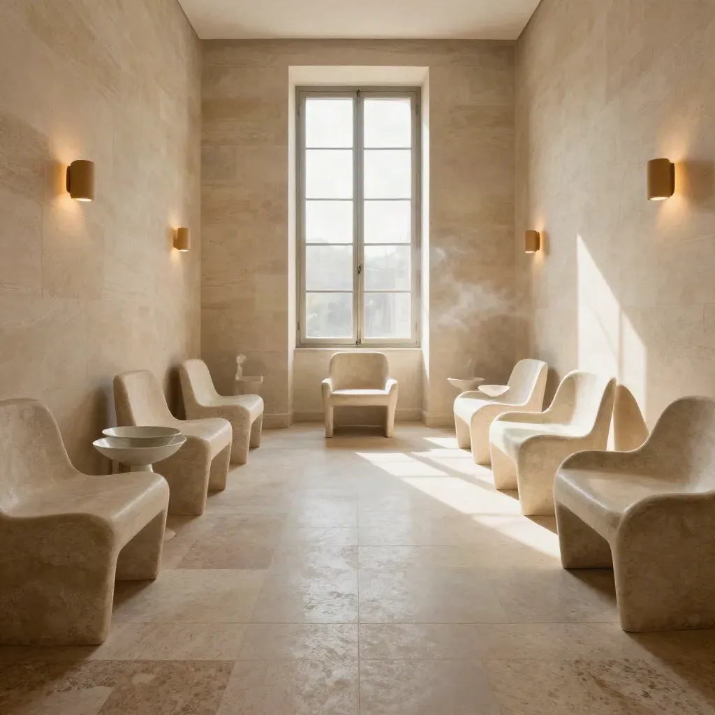 Sala ricevimenti romana finita, con sedie scolpite, fiori minimi e navata centrale pulita.