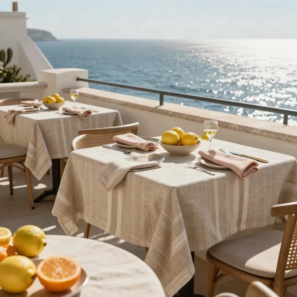 Tavolo brunch vista mare sulla Costiera, con lino a righe, agrumi e tovaglioli mossi dal vento.