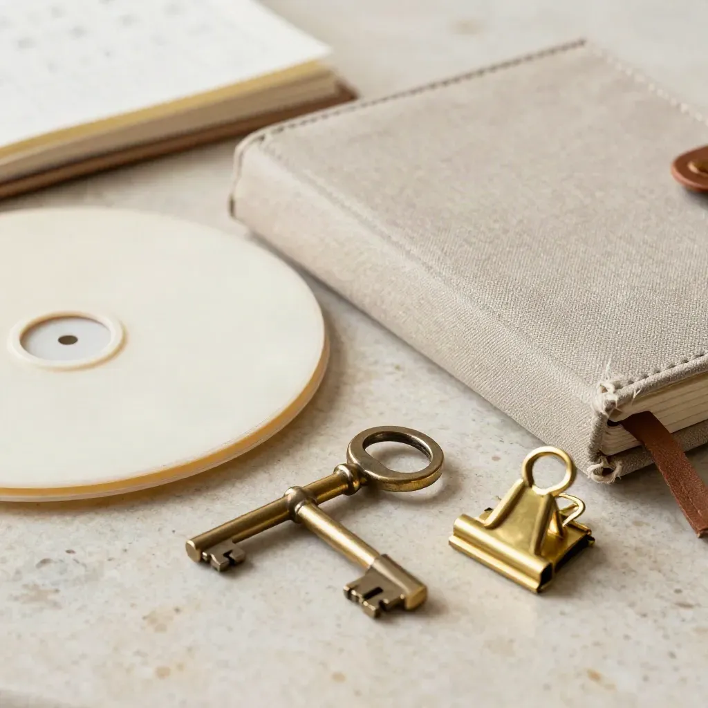Kit da wedding planner con chiave in ottone, calendario avorio e agenda in lino