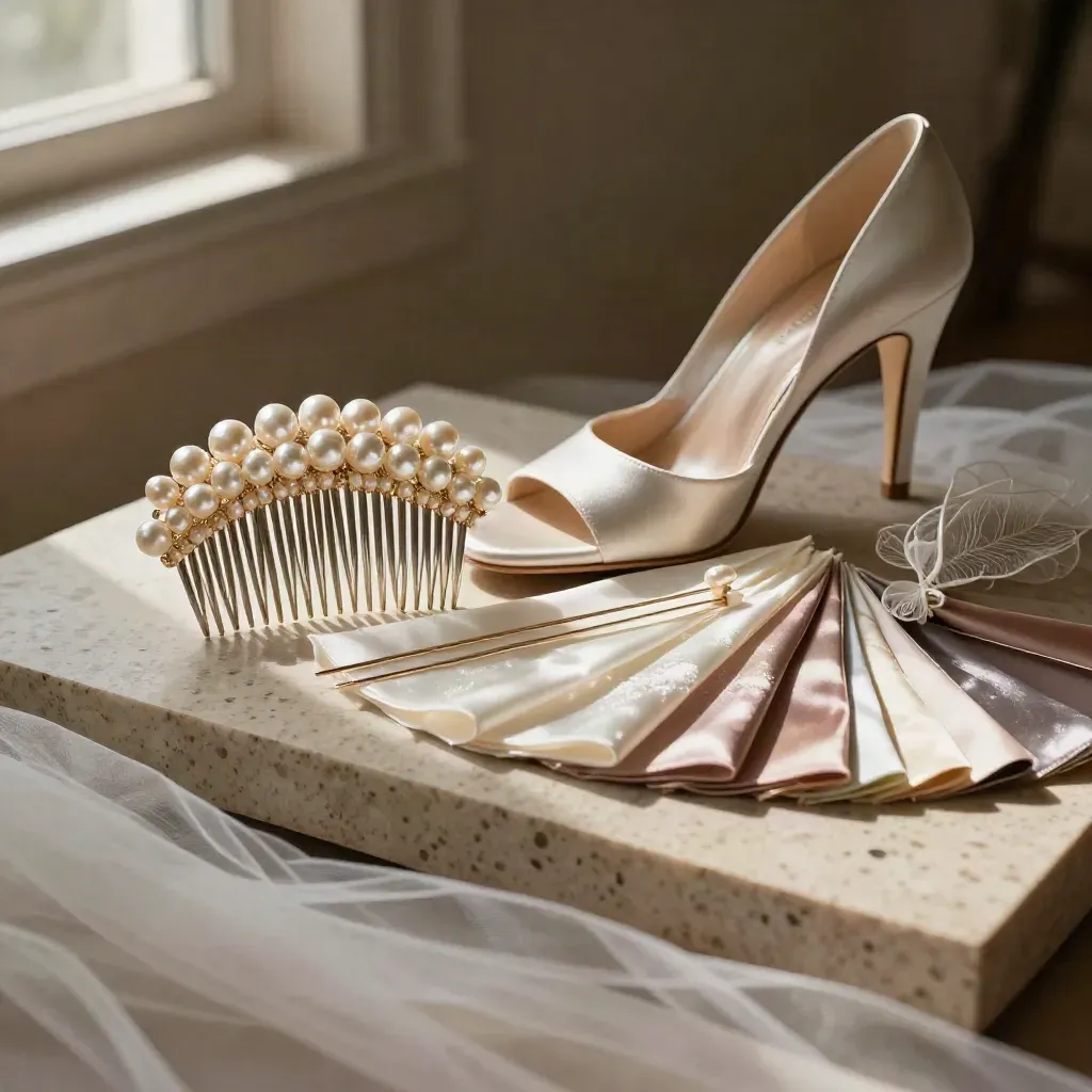 Kit da stylist sposa con pettine di perle, lasta satinata, spilli e campioni di seta su pietra