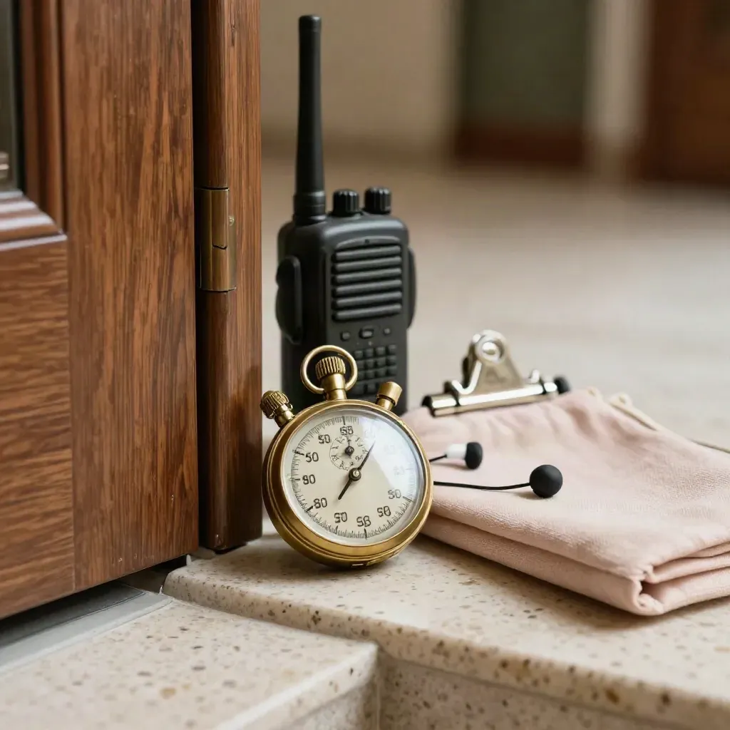 Kit del coordinatore del giorno con radio, cronometro in ottone e cavo auricolare su soglia in travertino.