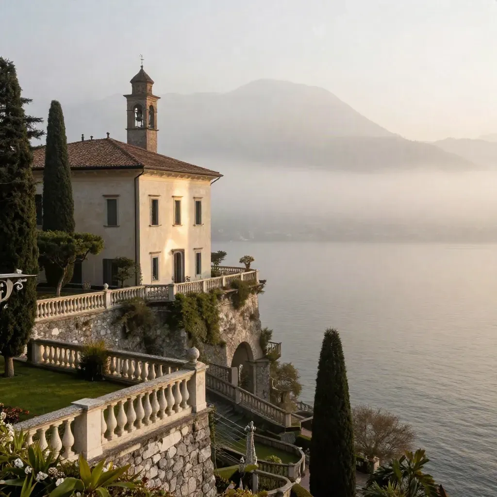 Villa sul Lago di Como all’alba, tra terrazze, campanile e foschia morbida.