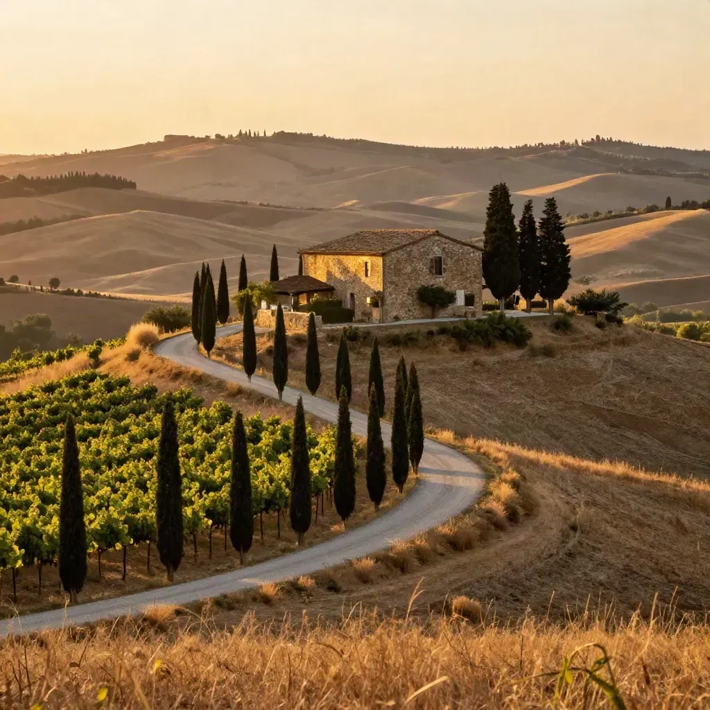 Strada collinare toscana al tramonto con cipressi, casale in pietra e campi d’oro.