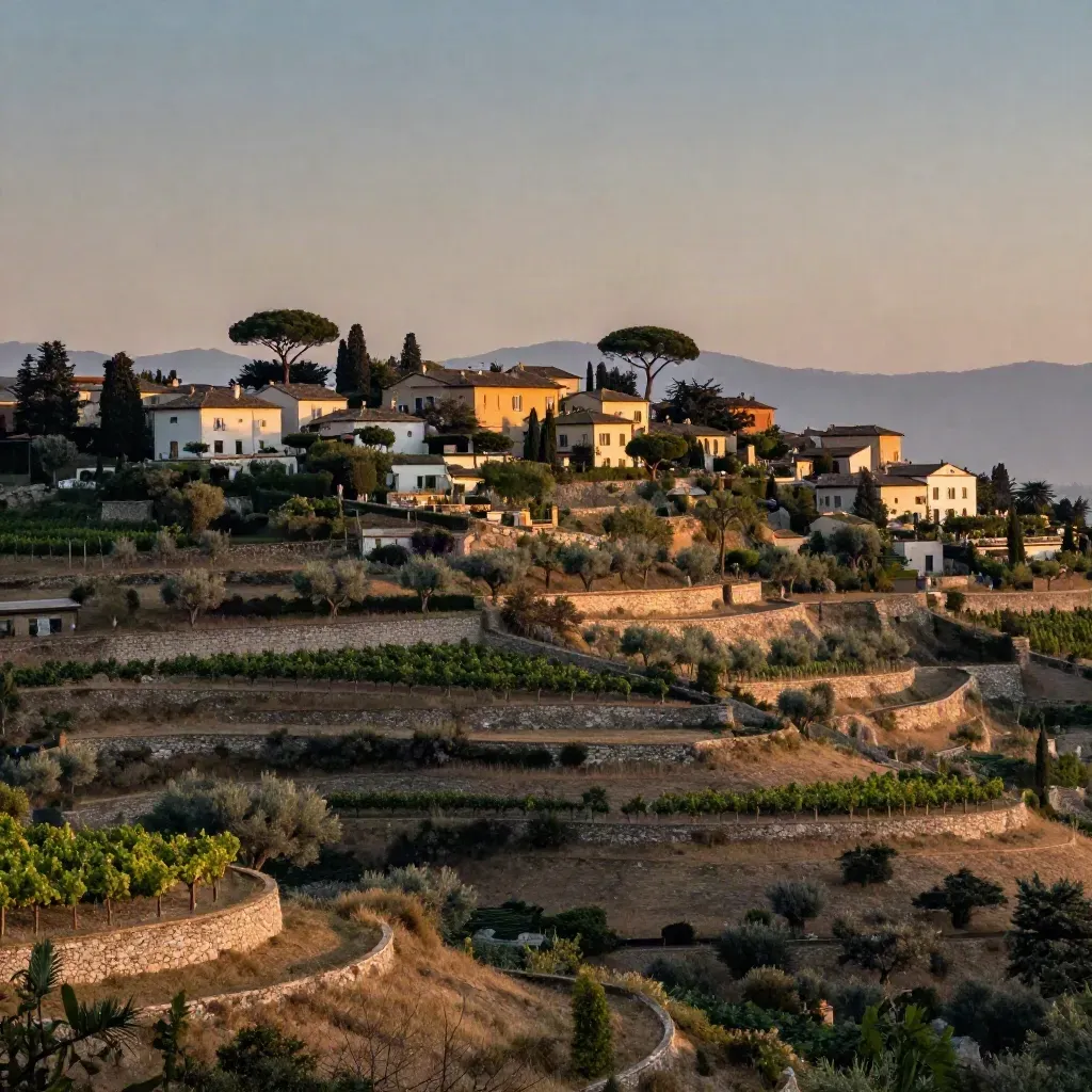 Collina di Frascati al tramonto con ville chiare, pini domestici e skyline romano lontano.