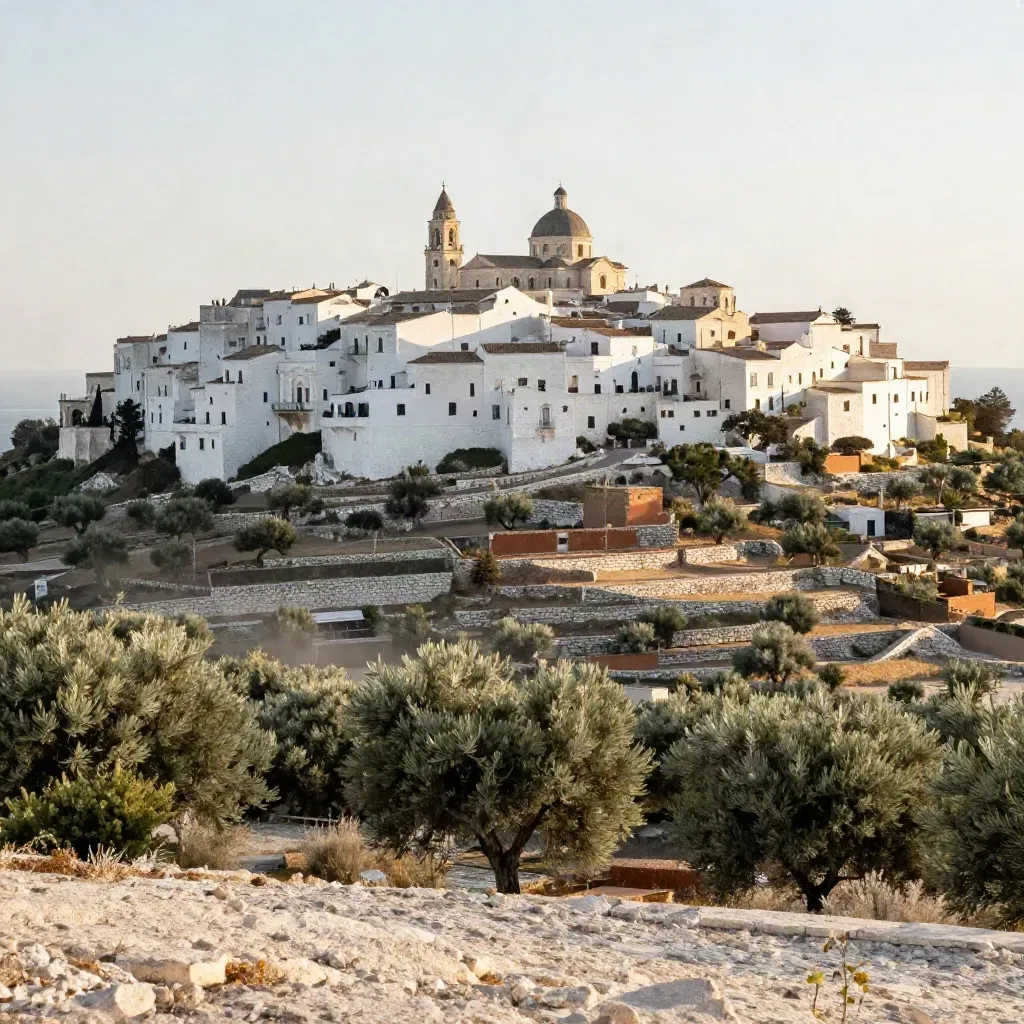 Ostuni bianca sopra uliveti e pianura costiera, luce dorata e foschia salmastra.